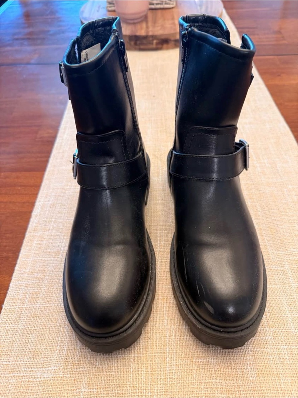 Women's Black Leather Moto Buckle Boots